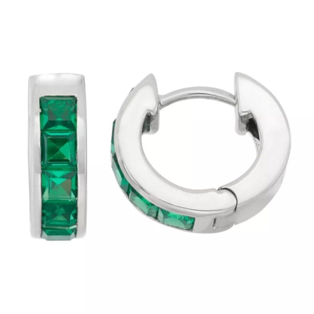 NWT Hypoallergenic 18K White Gold Filled Emerald Huggie Hoop Earrings Birthstone